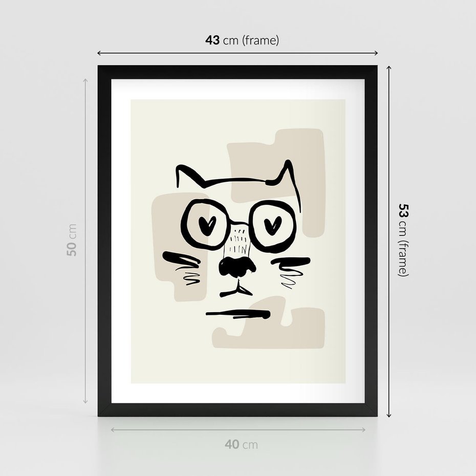 Plakat w ramie 40x50 - Minimalistyczny Kot: Czarna Kreska - kot, grafika - rama czarna