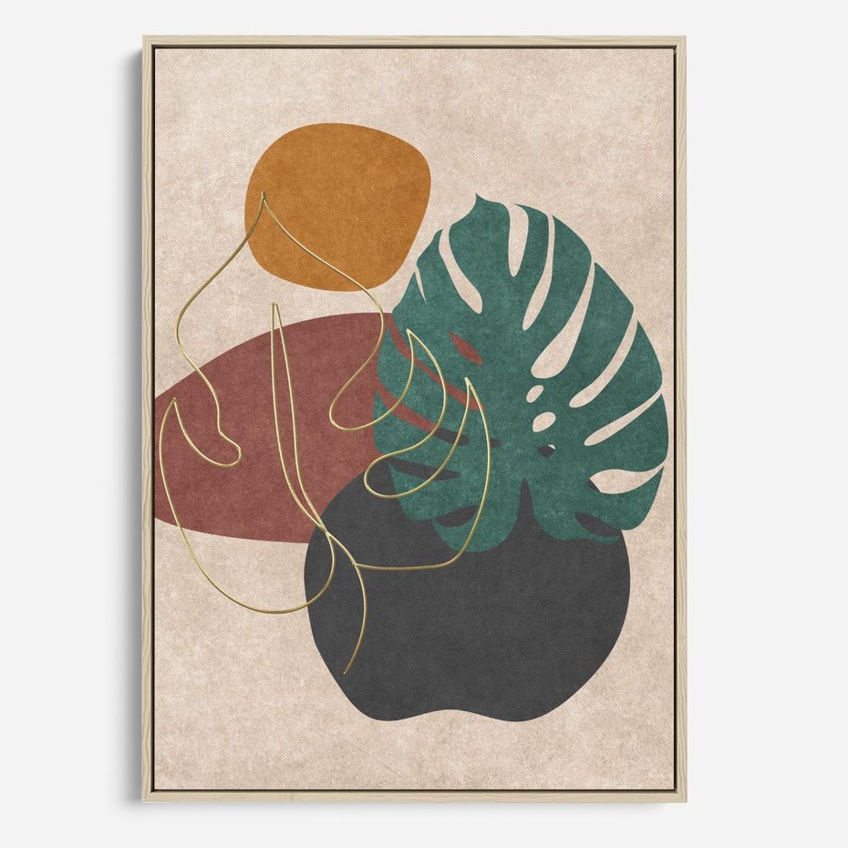 Obraz w ramie 70x100 - Akwarelowa Magia Liści - grafika, styl mid century - rama drewno