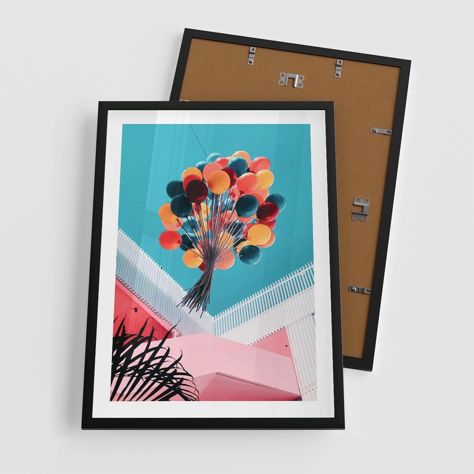 Plakat w ramie 50x70 - Kolorowe Balony Pod Niebem - kolorowe balony na tle niebieskiego nieba - rama czarna