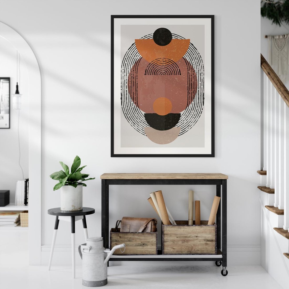 Plakat w ramie 50x70 - Abstrakcja w Odcieniach Brązu i Beżu - geometria, abstrakcyjna grafika - rama czarna