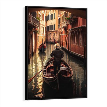 Obraz w ramie 70x100 - Spokojna Wenecja - gondolier w gondoli, kanały Wenecji - rama czarna