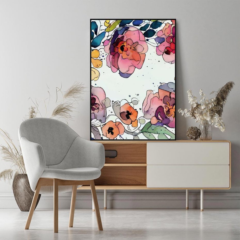 Obraz w ramie 50x70 - Rozkwitające marzenia - akwarelowe kwiaty, kolory - rama czarna