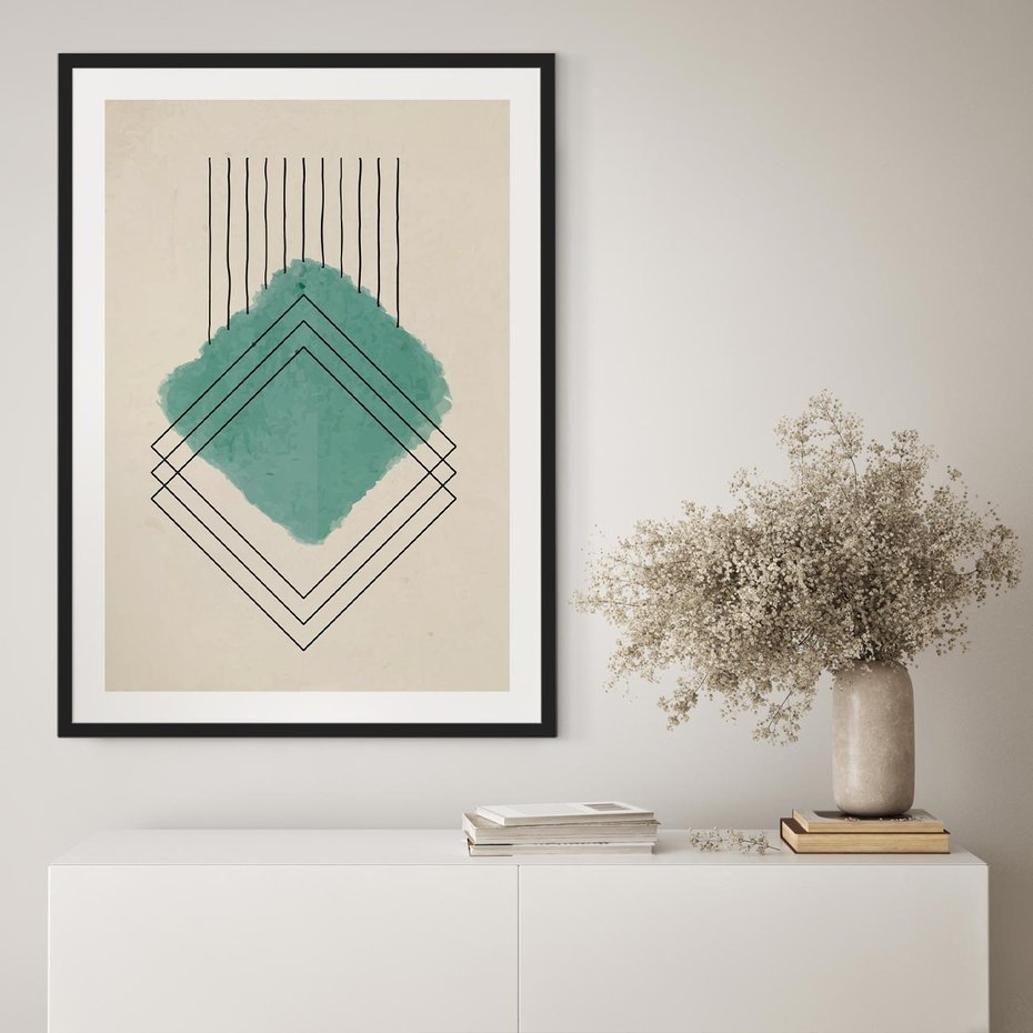 Plakat bez ramy 50x70 - Impresje Przestrzeni - akwarelowa plama, geometryczne szkicowane kształty