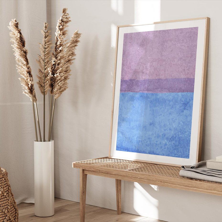 Plakat w ramie 30x40 - Taniec Światła - kolorowe akwarelowe pasy, odcienie fiolet - rama drewno