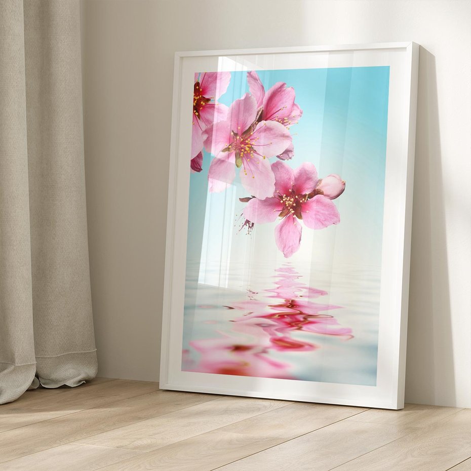 Plakat w ramie 40x50 - Magia kwitnącej wiśni - kwitnąca, wiśnia - rama biała