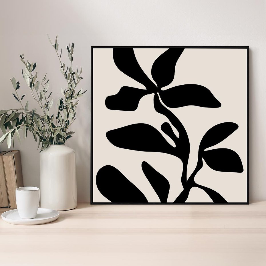 Obraz w ramie 50x50 - Wibracje Akwarelowych Ścieżek - abstrakcyjny minimalistyczna kwiat, czarno biały plakat - rama czarna