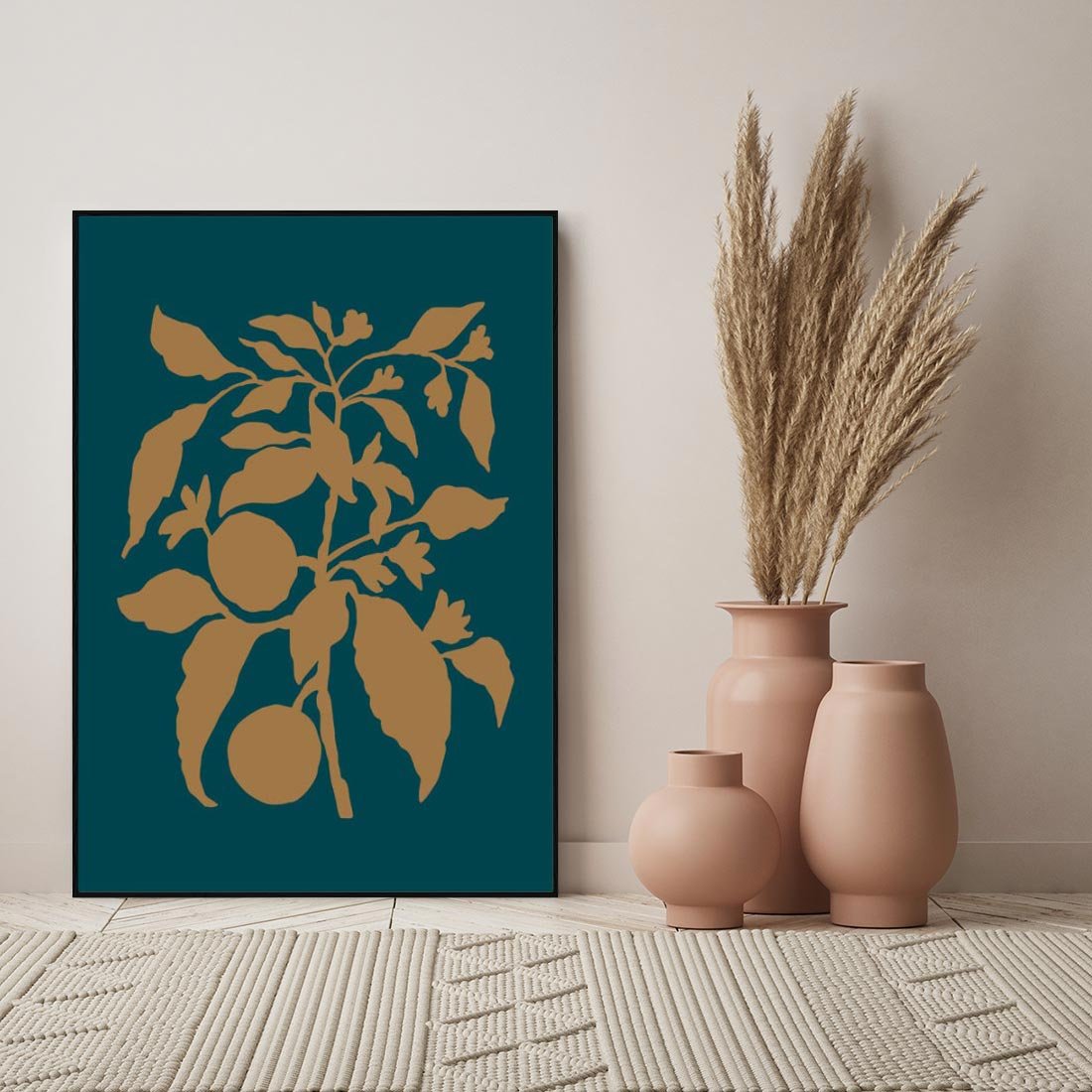 Obraz w ramie 50x70 - Boho Ekspresja Emocji - abstrakcyjna boho grafika, ciemne zielone tłó - rama czarna