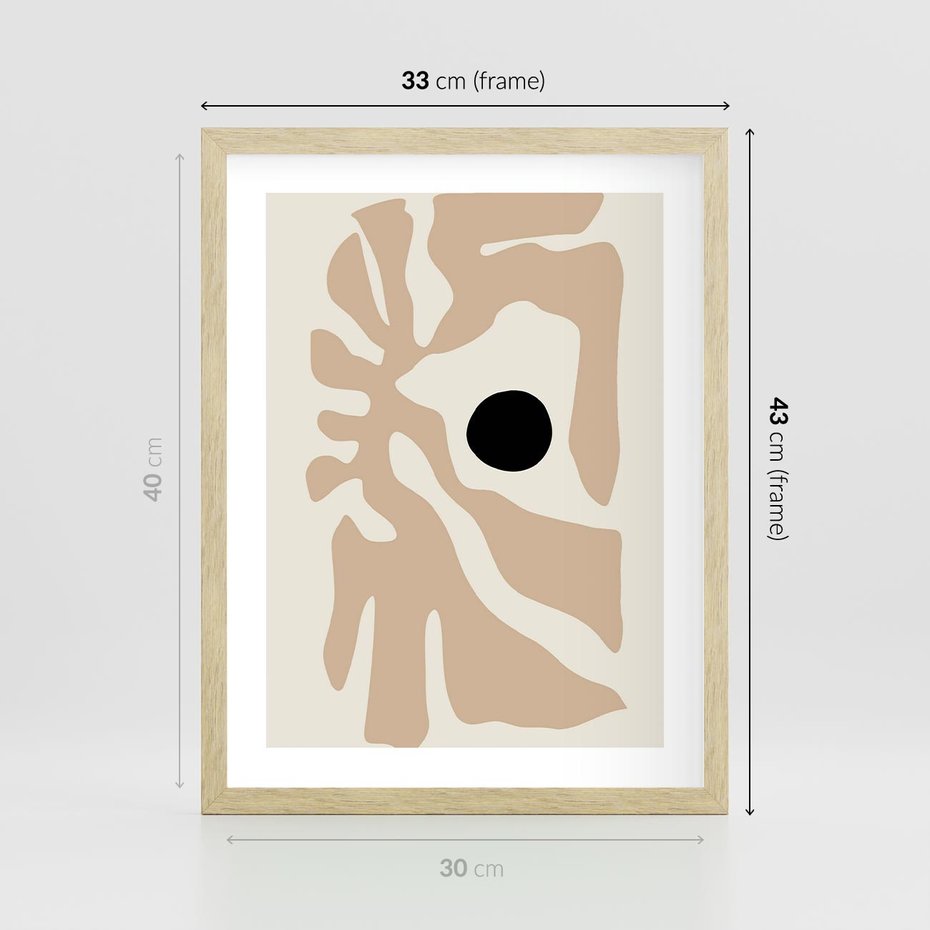 Plakat w ramie 30x40 - Eksploracja Abstrakcji - beżowa absrakcyjna kompozycja, czarny akcent - rama drewno