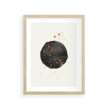 Plakat w ramie 30x40 - Wibracje Kolorów - abstrakcyjna czarna plama, rozsiane pomarańczowe kropki - rama drewno