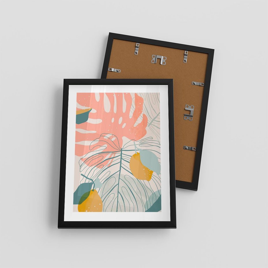 Plakat w ramie 30x40 - Sztuka Natury: Liście Monstery w Pastelach - nowoczesna grafika, pastelowe liście monstery - rama czarna