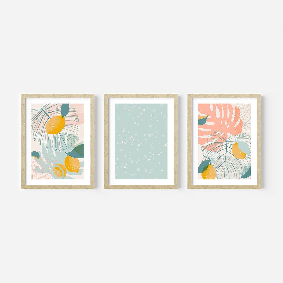 Zestaw obrazy w ramie 40x50 galeria - Monstera, liście, pastelowe, nowoczesne - rama drewno