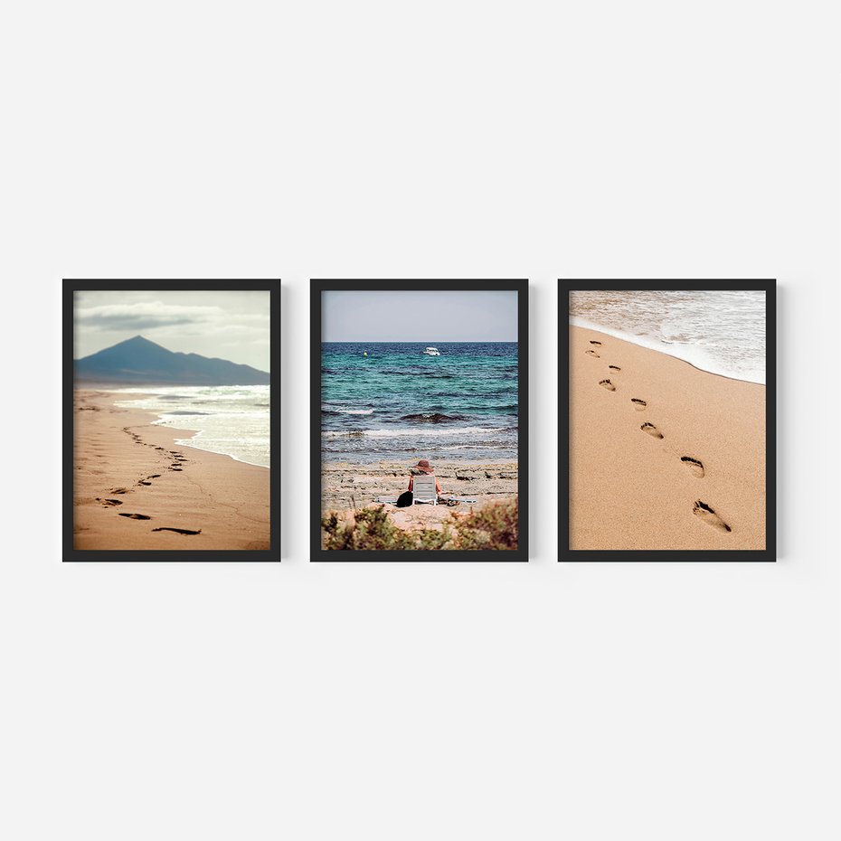 Zestaw obrazy w ramie 30x40 galeria - Plaża, zachód, słońca, ślady - rama czarna