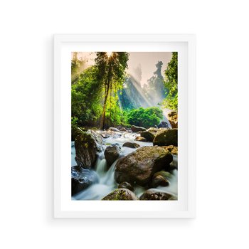 Plakat w ramie 50x70 - Idylliczny strumyk w urokliwym lesie - strumyk, las - rama biała