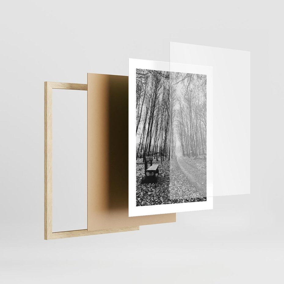 Plakat w ramie 30x40 - Spadające Liście - czarno białe zdjecie, park - rama drewno