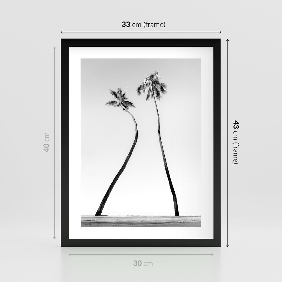 Plakat w ramie 30x40 - Samotne Palmy - czarno biała fotografia, dwie samotne palmy - rama czarna