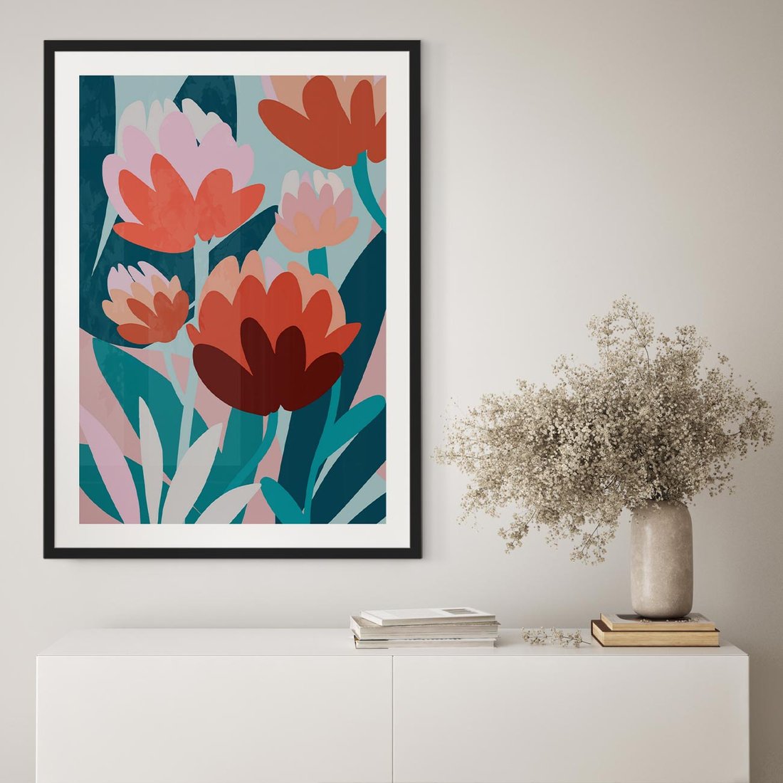 Plakat w ramie 50x70 - Symfonia Kwiatów - abstrakcyjna kompozycja kwiatowych form, kolor zgaszone - rama czarna