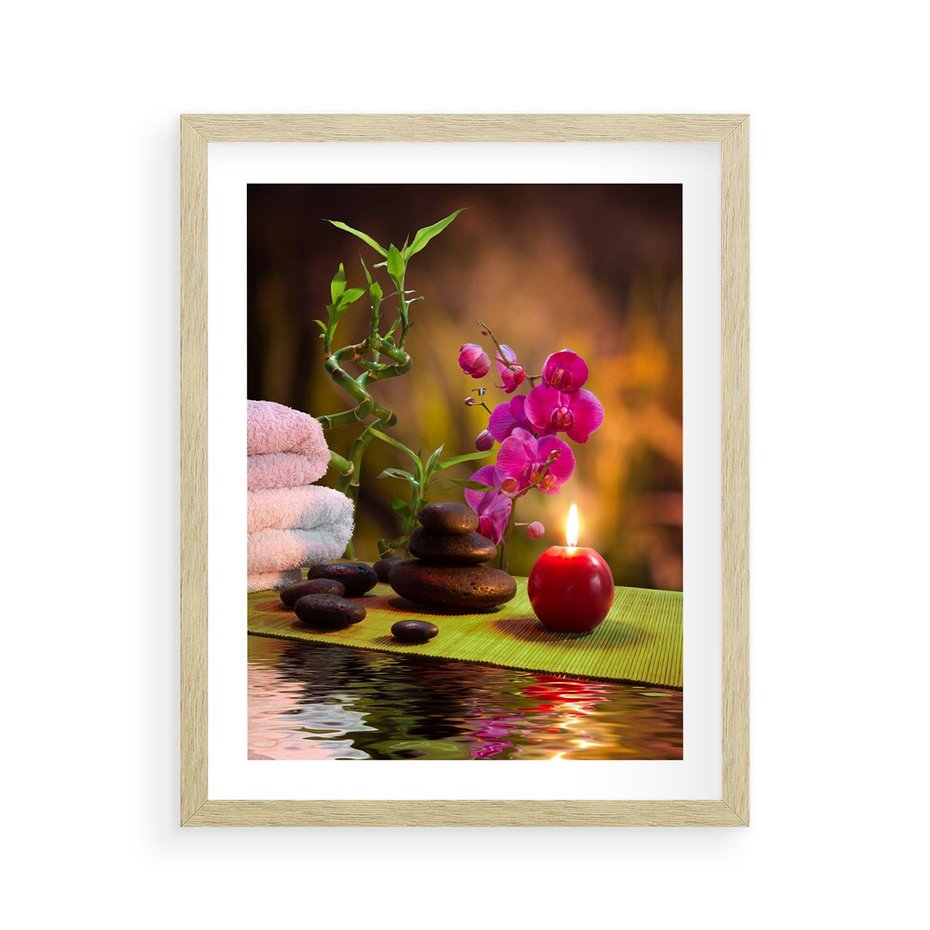 Plakat w ramie 40x50 - Światło Świecących Kwiatów w Spa - spa, świaca - rama drewno