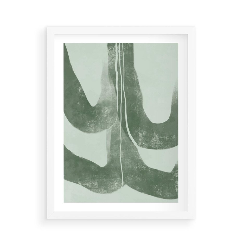 Plakat w ramie 50x70 - Nurtująca Kompozycja Zieleni - abstrakcyjne delikatne zielone linie, podobne do gałęzi kwiatów - rama biała