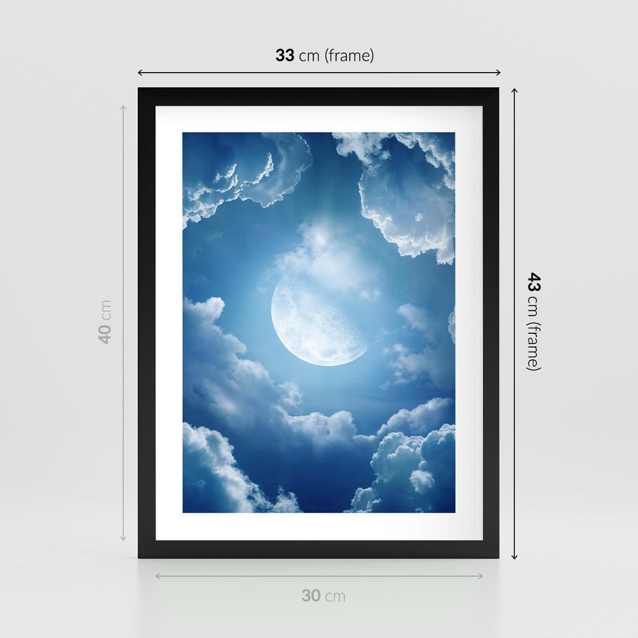 Plakat w ramie 30x40 - Księżycowe Chmury - księżyc, chmury - rama czarna