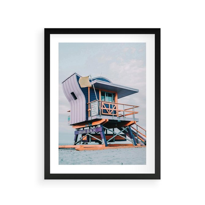 Plakat w ramie 30x40 - Plażowa Kolorystyka: Budka Ratownika w Pastelach - pastelowa budka ratownika, plaża Miami - rama czarna