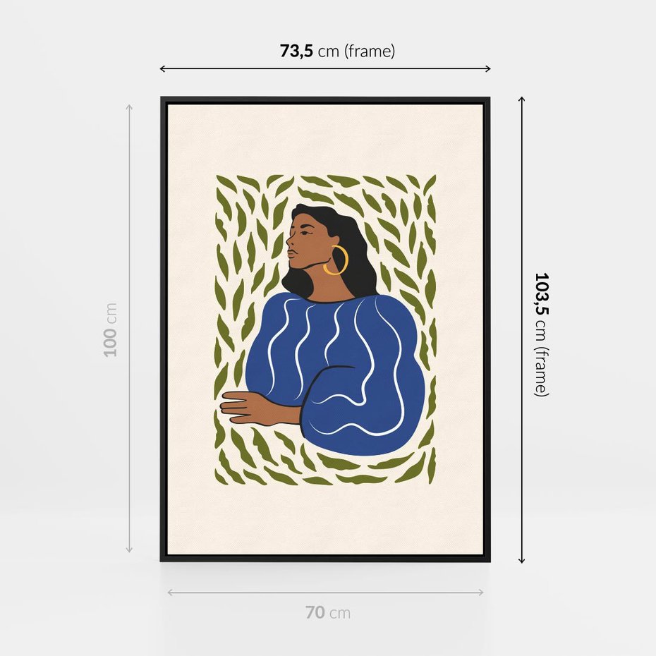 Obraz w ramie 70x100 - Rozbite Barwy - nowoczesny plakat, kobieta otoczona liśćmi - rama czarna