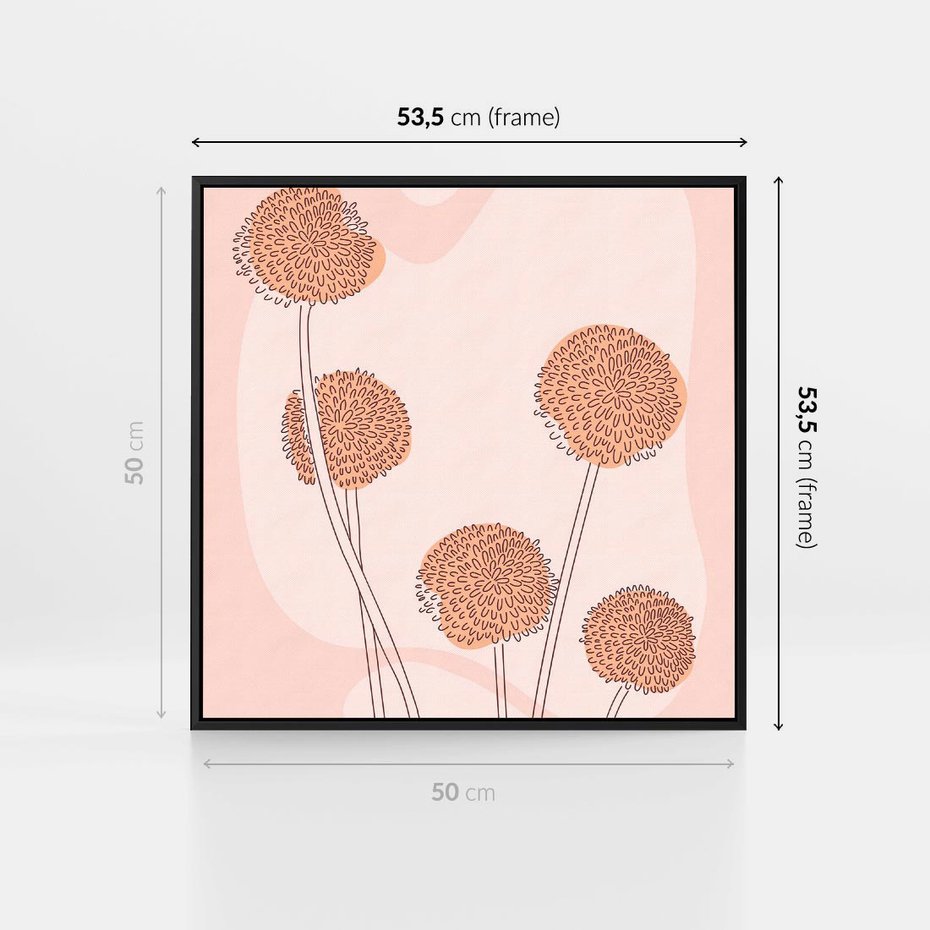 Obraz w ramie 50x50 - Rozkwitające Emocje - minimalistyczny plakat, pudrowe kwiaty - rama czarna