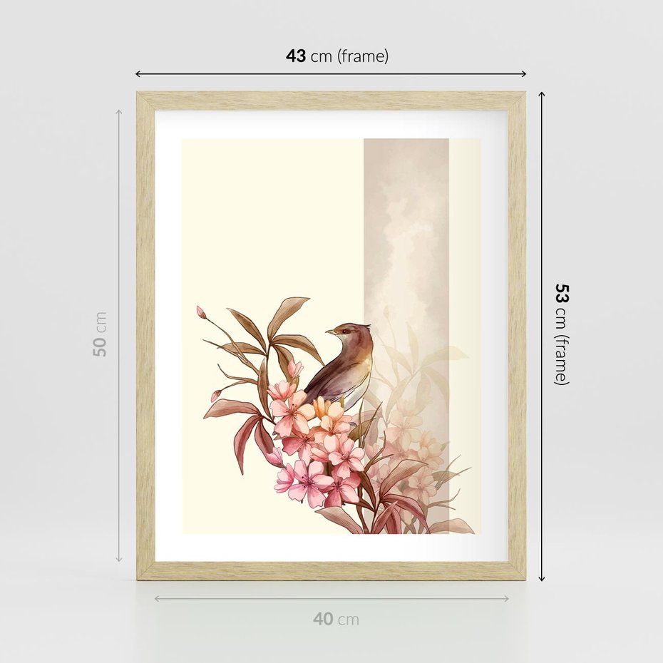 Plakat w ramie 40x50 - Kwiatowe Zanurzenie - japońska sztuka, ptak - rama drewno