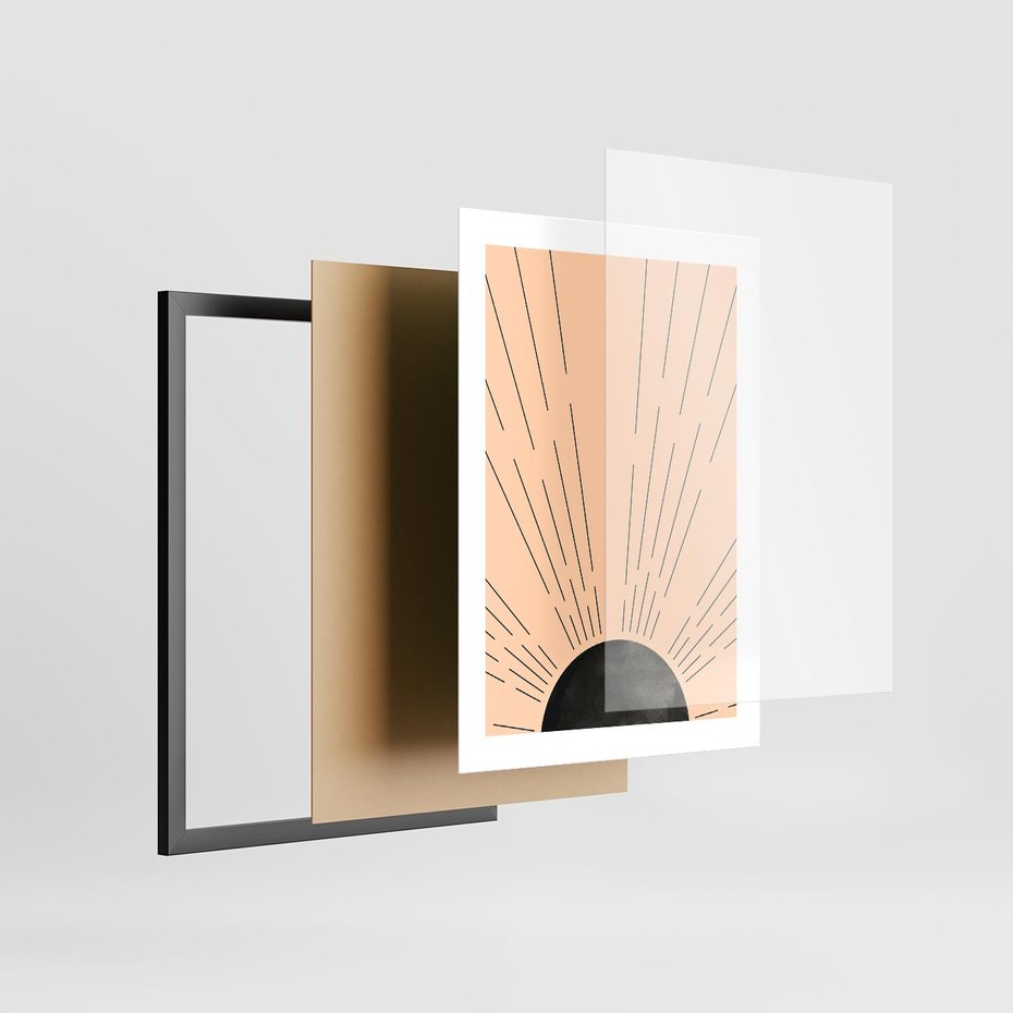 Plakat w ramie 30x40 - Migocące Kształty Promieni - boho czarne słońce, nowoczesna grafika - rama czarna