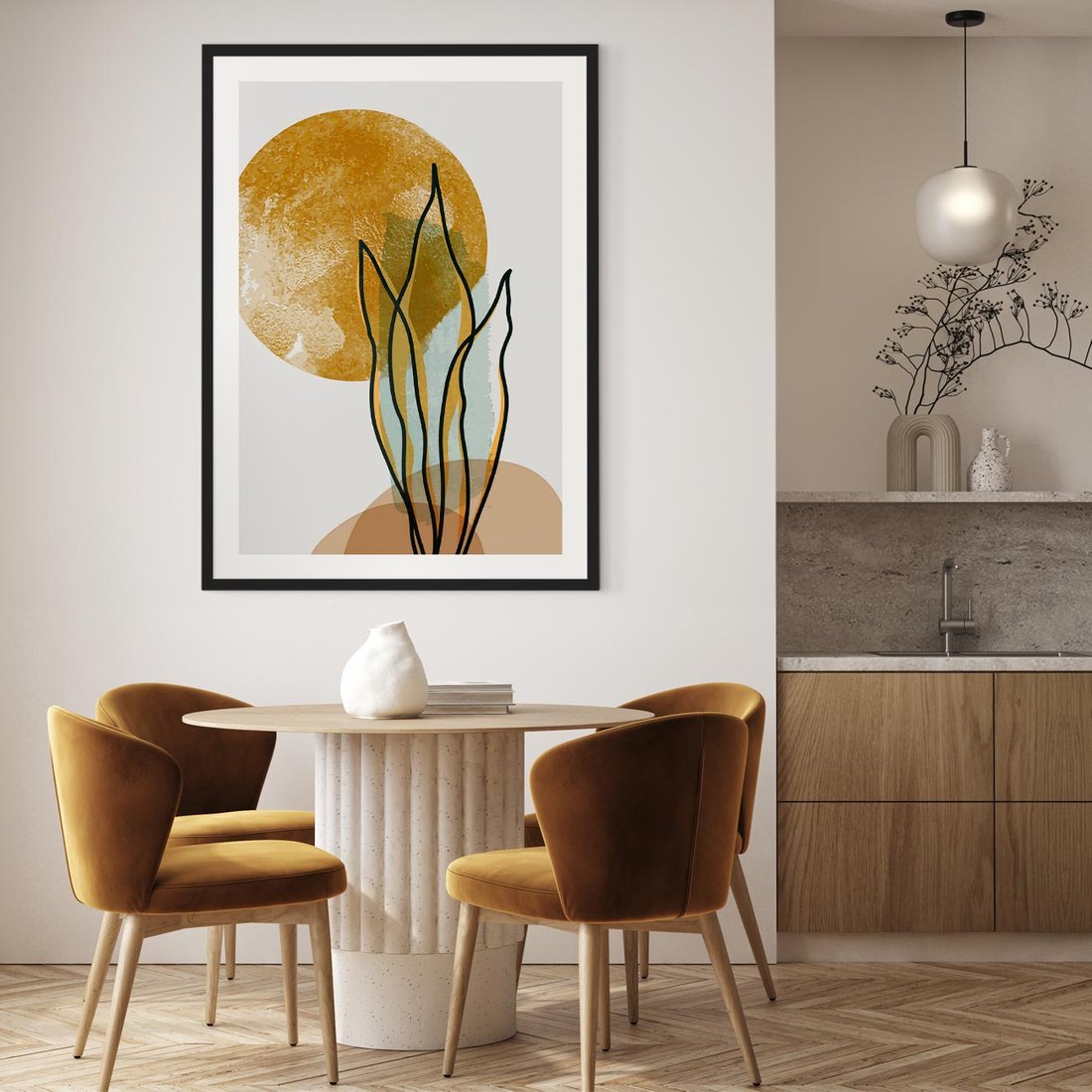 Plakat w ramie 40x50 - Światło Natury: Graficzne Liście i Złote Słońce - grafika, graficzne liście - rama czarna