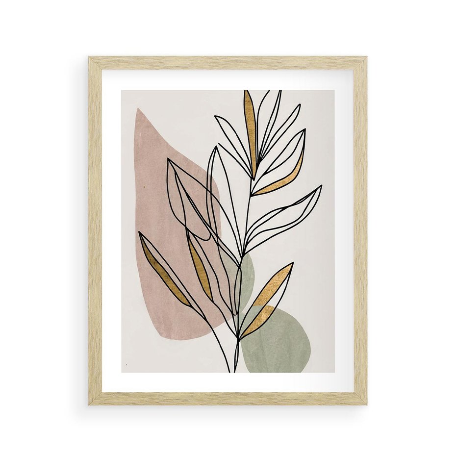 Plakat w ramie 40x50 - Impulsy Subtelnej Harmonii - abstrakcyjny obraz boho, liście - rama drewno