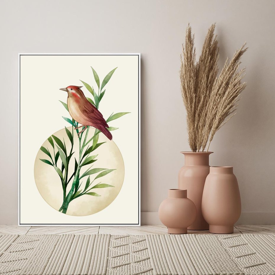 Obraz w ramie 80x120 - Rozkwitająca Delikatność - japońska sztuka, ptak - rama biała