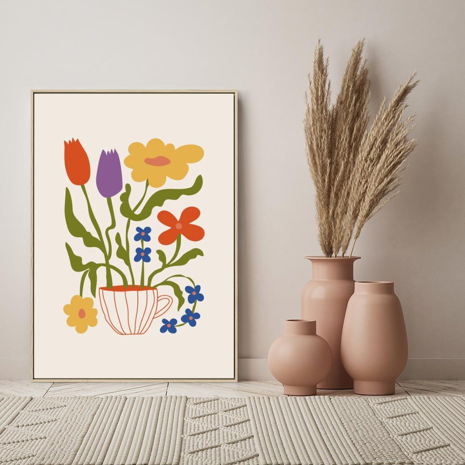 Obraz w ramie 50x70 - Kolorowe Granice - kwiaty w filizance, abstrakcja - rama drewno