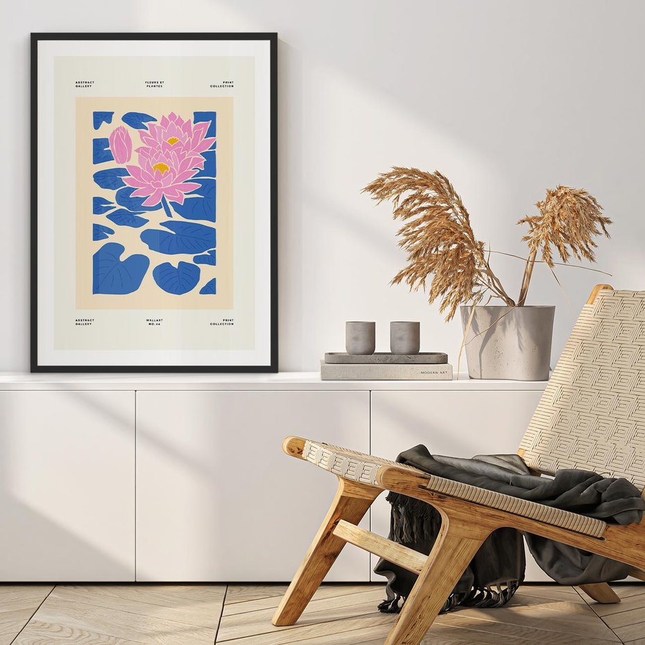 Plakat w ramie 50x70 - Rozświetlone Odbicia - lilie wodne, pastelowe kolory - rama czarna