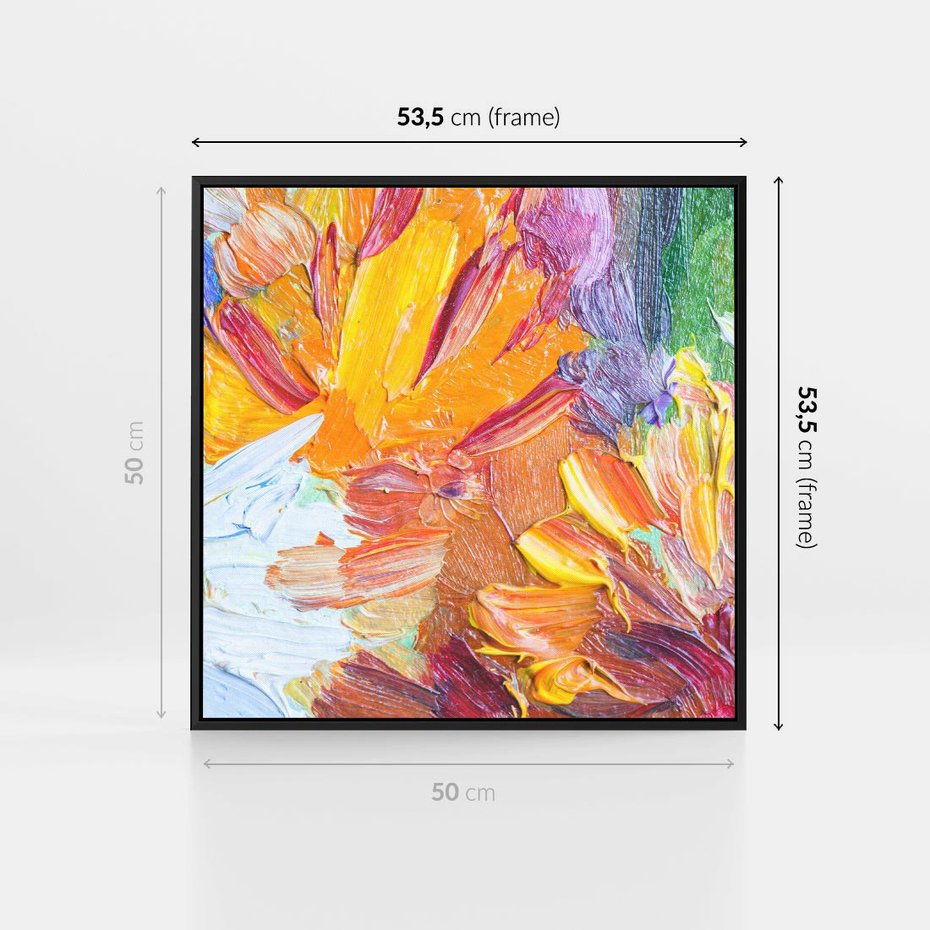 Obraz w ramie 50x50 - Kwiatowe Harmonie - zbliżenie na obraz olejny, gruba warstwa farby - rama czarna