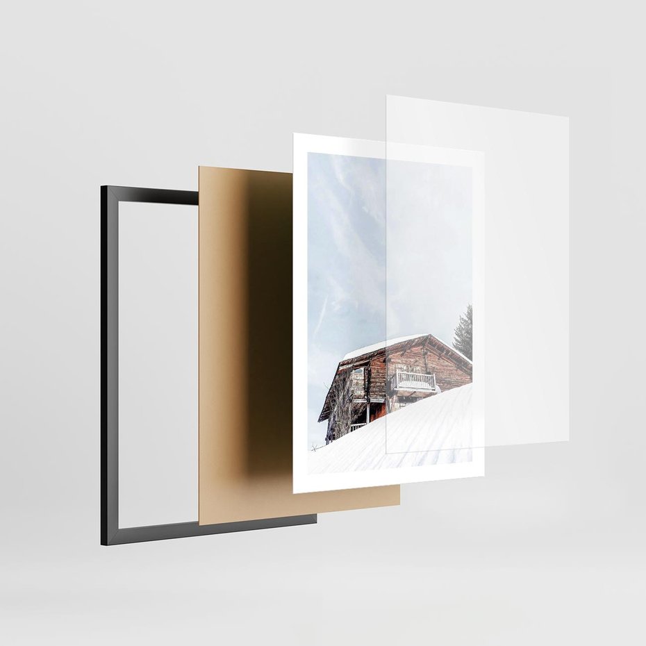 Plakat w ramie 50x70 - Spokój Górskiej Zimy - chatka w górach, domek górski - rama czarna
