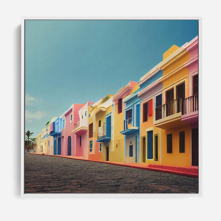 Obraz w ramie 80x80 - Ekspresja marzeń i tęsknot - pastelowe kolorowe budynki, wzdłuż ulicy - rama biała