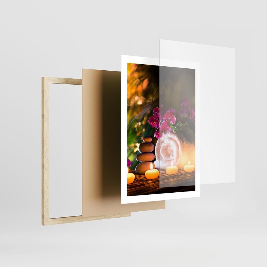 Plakat w ramie 50x70 - Relaksujące spa z płonącymi świecami - spa, świece - rama drewno