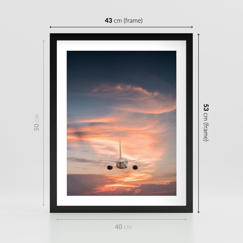 Plakat w ramie 40x50 - Podróż w Kierunku Słońca - samolot, samolot w powietrzu - rama czarna