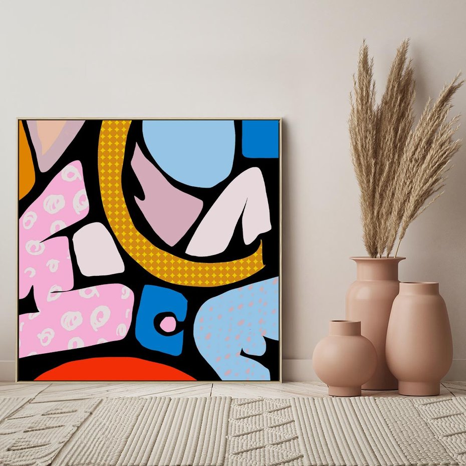 Obraz w ramie 50x50 - Kolory Komiksu - abstrakcyjne formy, komiksowy styl - rama drewno