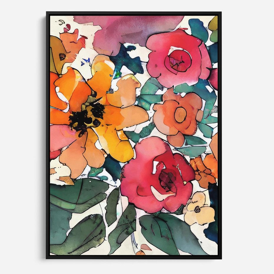 Obraz w ramie 70x100 - Kwiatowy Impuls Kolorów - abstrakcyjne kolorowe kwiaty, szkic - rama czarna
