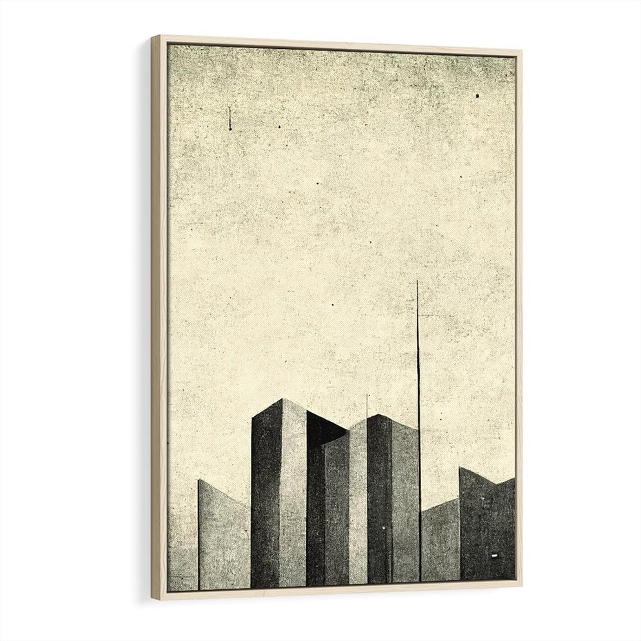 Obraz w ramie 70x100 - Mroczne Wieżowce - postarzana grafika, perspektywa budynków wieżowców - rama drewno