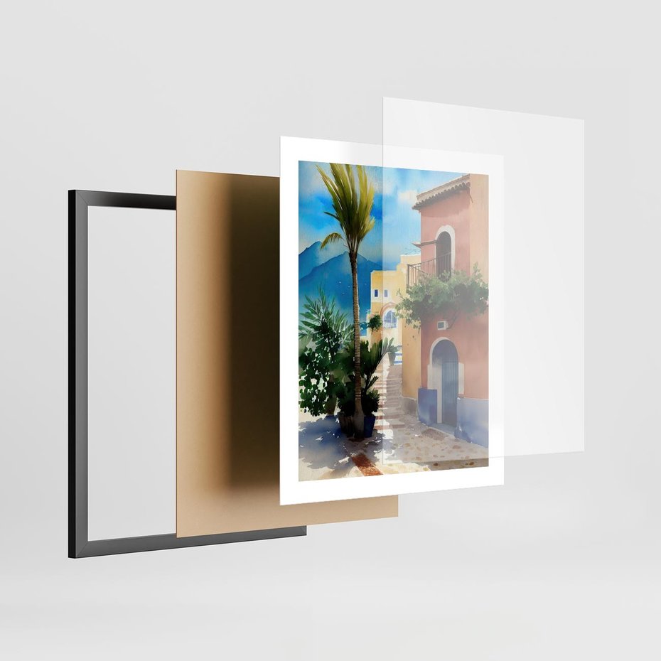 Plakat w ramie 40x50 - Spokój Miasta nad Morzem - akwarela, sródziemnomorski klimat - rama czarna