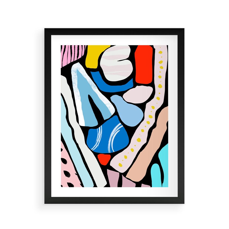 Plakat w ramie 40x50 - Kolory Na Czerni - abstrakcyjne formy, komiksowy styl - rama czarna