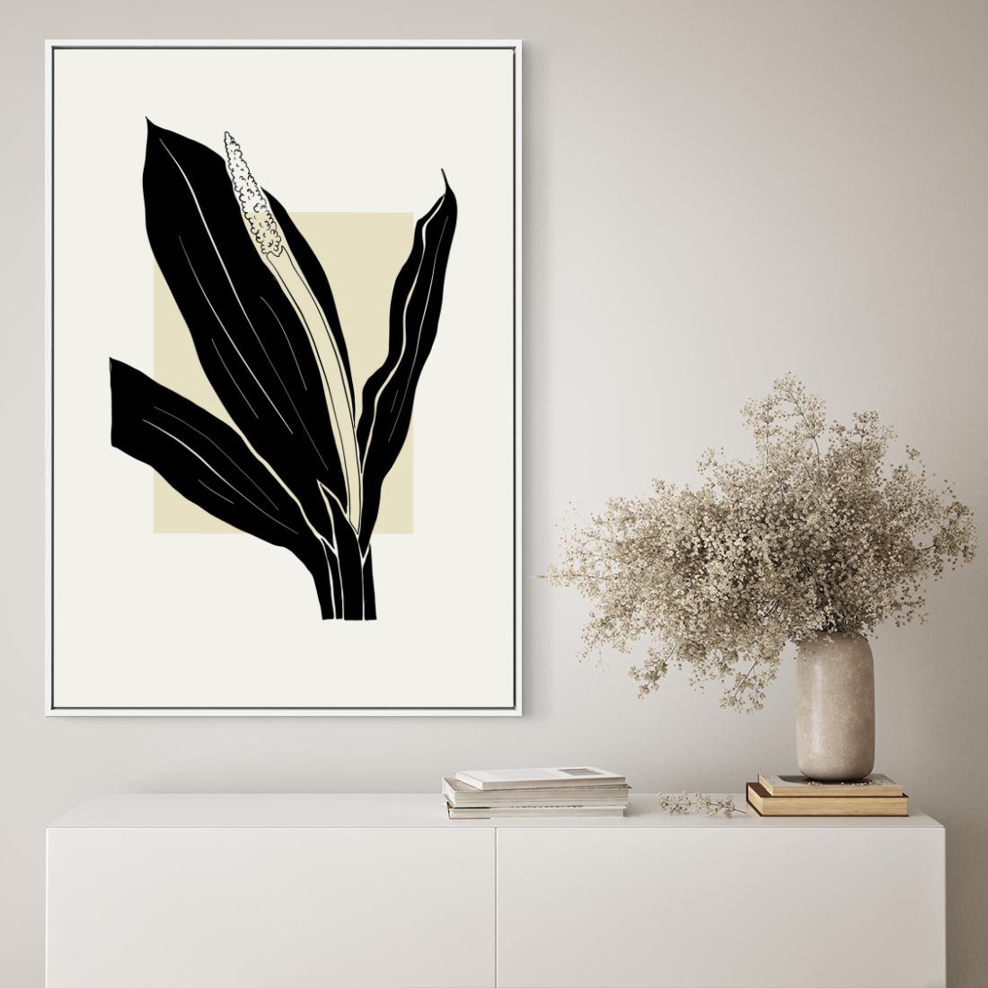 Obraz w ramie 50x70 - Harmonia liści - minimalistyczny obraz, szkic - rama biała