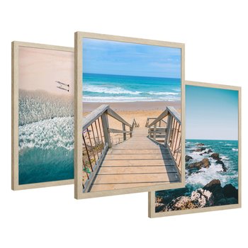 Zestaw obrazy w ramie 30x40 galeria - Plaża, morze, fale, boho - rama drewno
