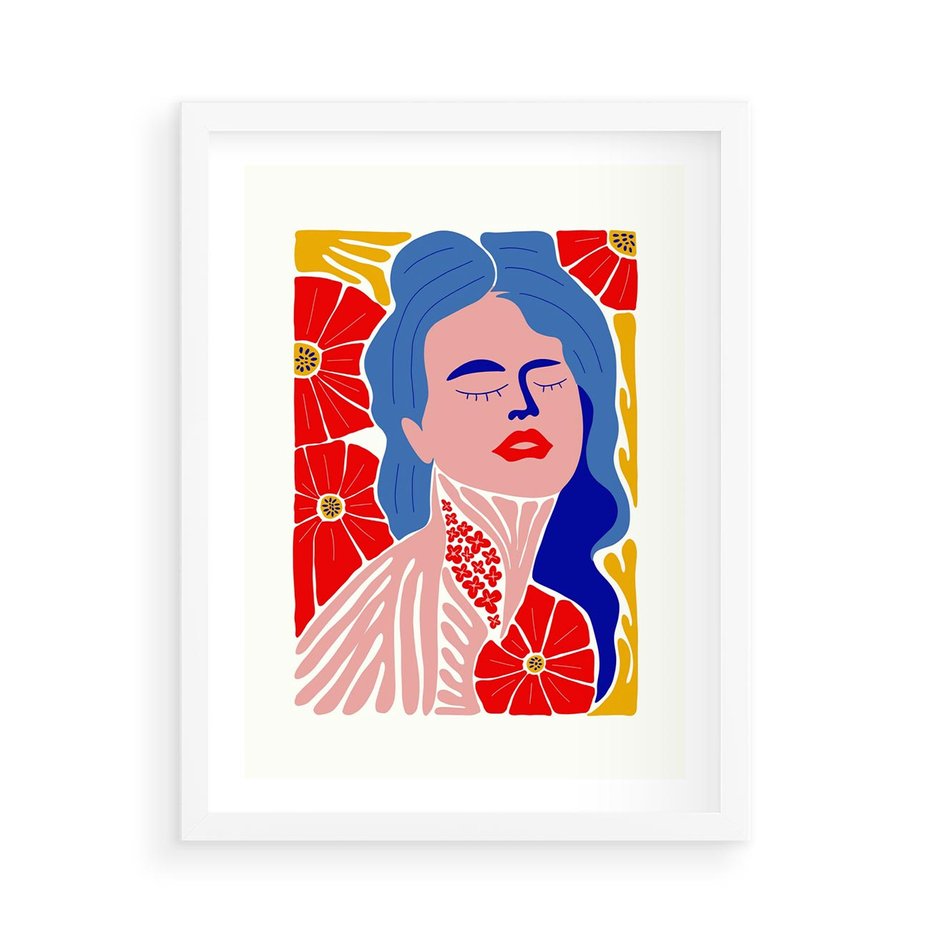 Plakat w ramie 50x70 - Nowoczesna Twarz - nowoczesna grafika, kolorowa twarz kobiety - rama biała