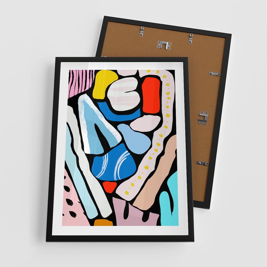Plakat w ramie 50x70 - Kolory Na Czerni - abstrakcyjne formy, komiksowy styl - rama czarna