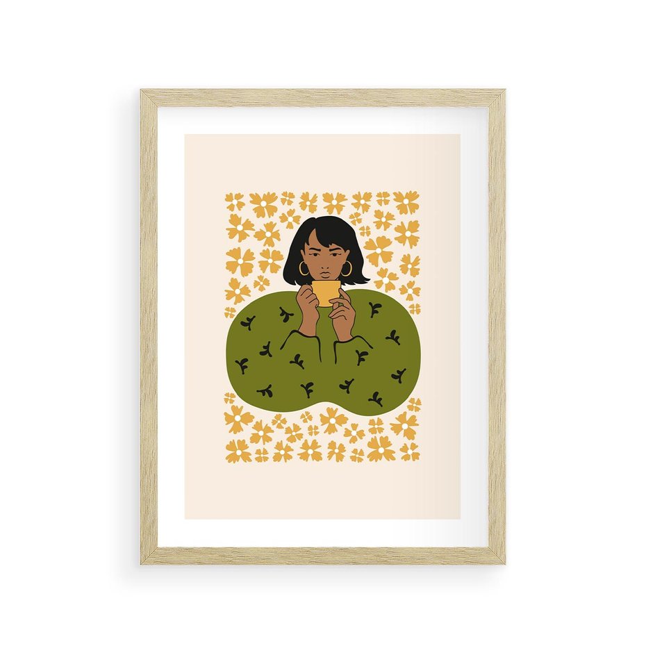 Plakat w ramie 30x40 - Wewnętrzne Fale - nowoczesny plakat, kobieta otoczona liśćmi - rama drewno