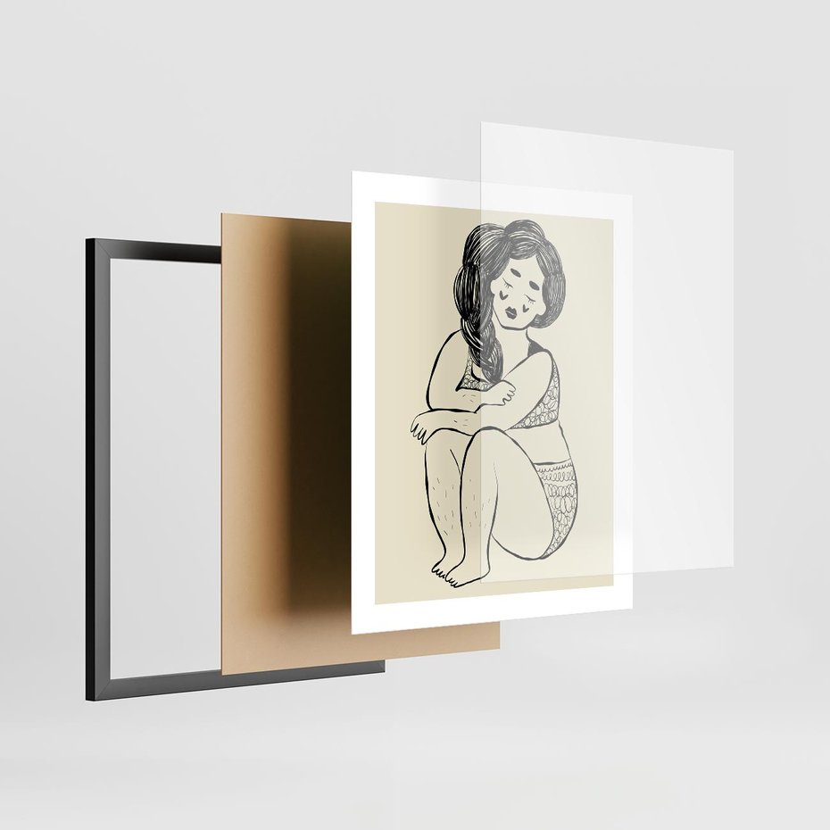 Plakat w ramie 40x50 - Migotliwe Refleksje - nowoczesny minimalistyczny rysunek, dziewczyna w bieliźnie - rama czarna