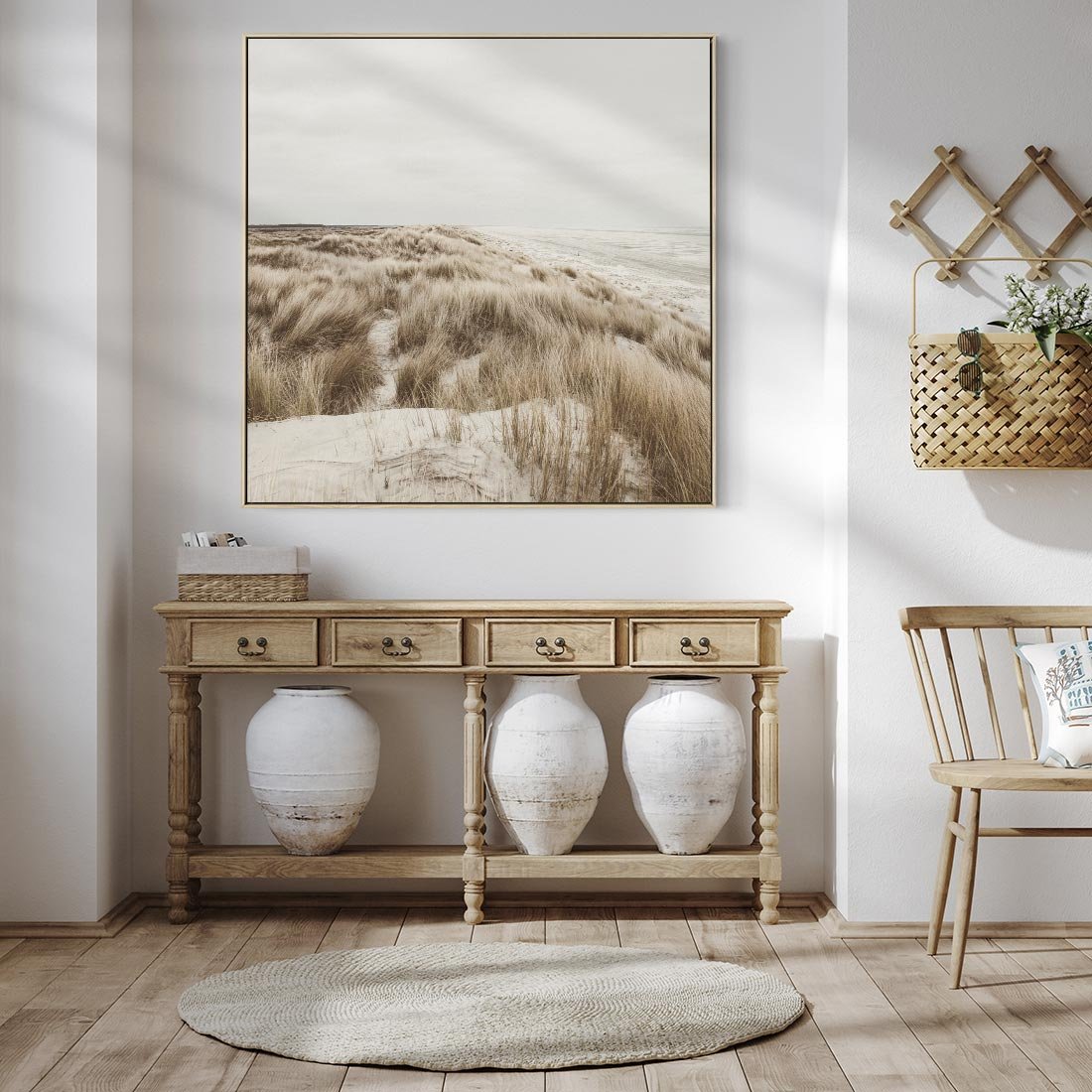 Obraz w ramie 80x80 - Nadmorskie Wydmy - fotografia, kolory sepii - rama drewno